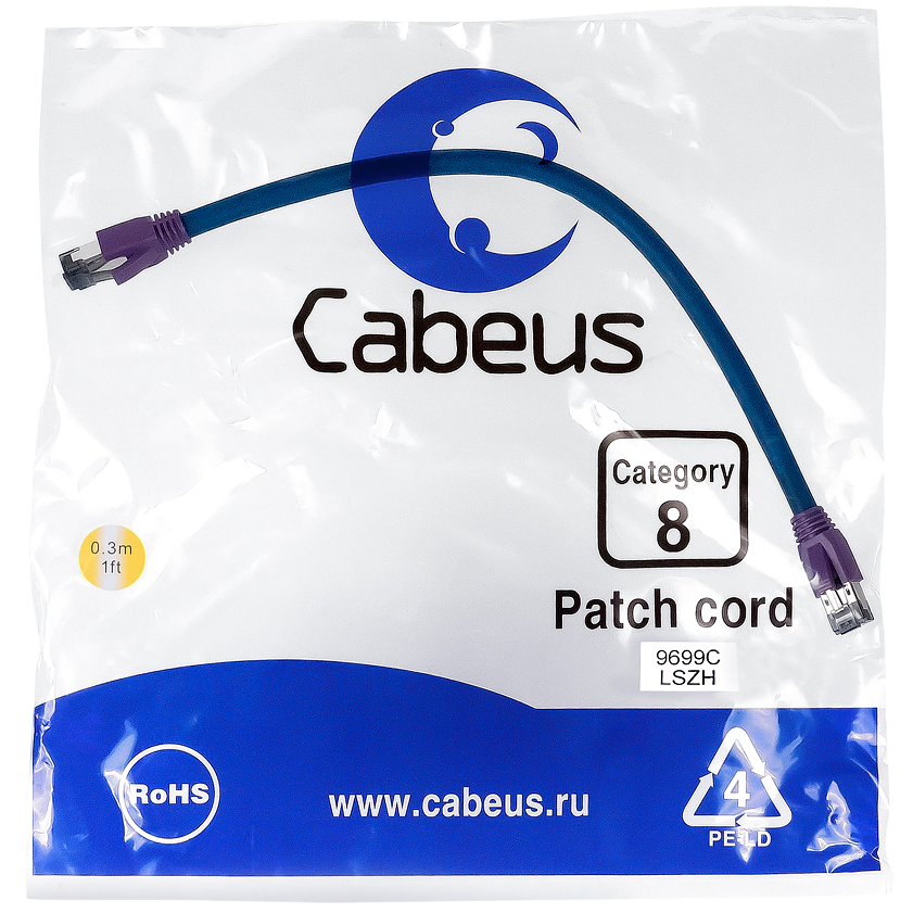 Патч-корд Cabeus PC-SSTP-RJ45-Cat.8-0.3m-LSZH, 0.3м
