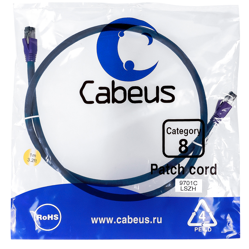 Патч-корд Cabeus PC-SSTP-RJ45-Cat.8-1m-LSZH, 1м