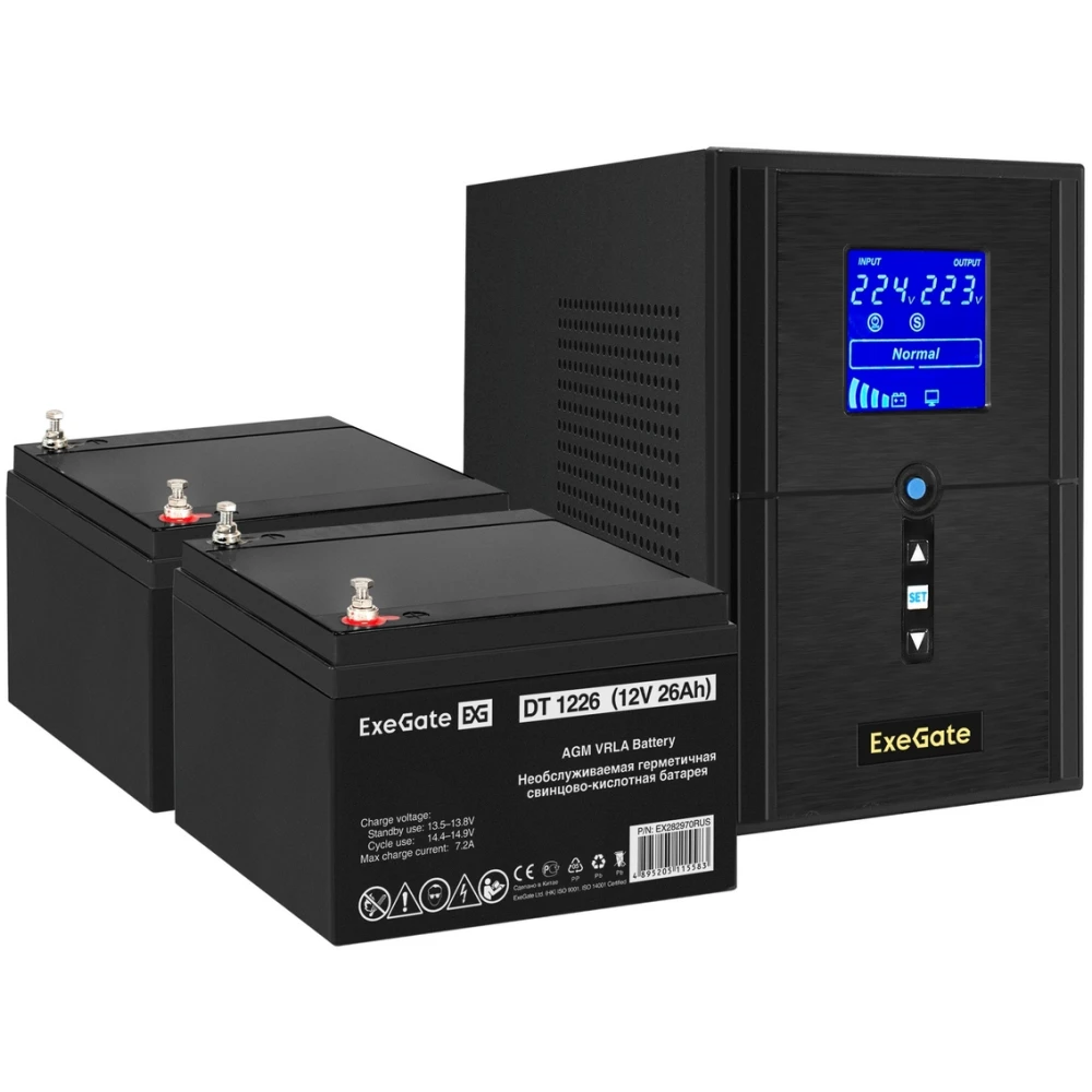 ..... ИБП + батарея ExeGate SineTower SZ-1000.LCD.AVR.2SH.1C13.USB + 2x DT 1226 (0122) из ремонта - EX296789RUS