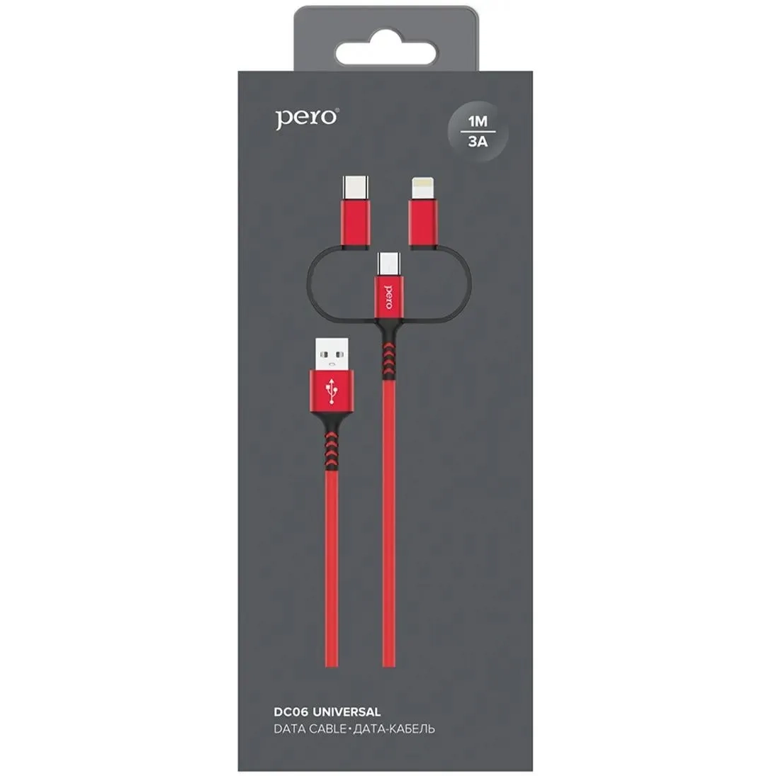 Кабель USB - microUSB/USB Type-C/Lightning, 1м, PERO DC06 Red - PRDC-06U1MR - фото 6