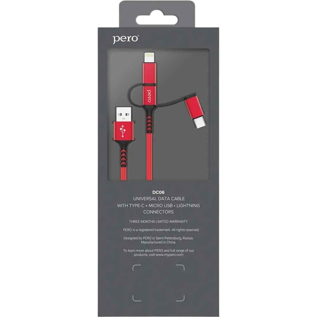 Кабель USB - microUSB/USB Type-C/Lightning, 1м, PERO DC06 Red - PRDC-06U1MR - фото 7