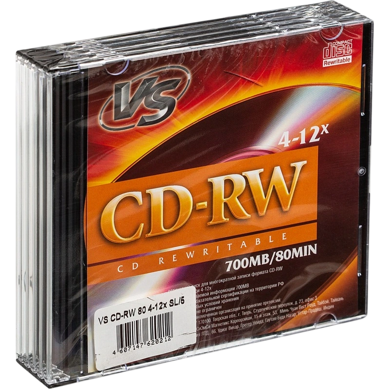 Диск CD-RW VS 700Mb 12x Slim Case (5 шт.) (VSCDRWSL501)