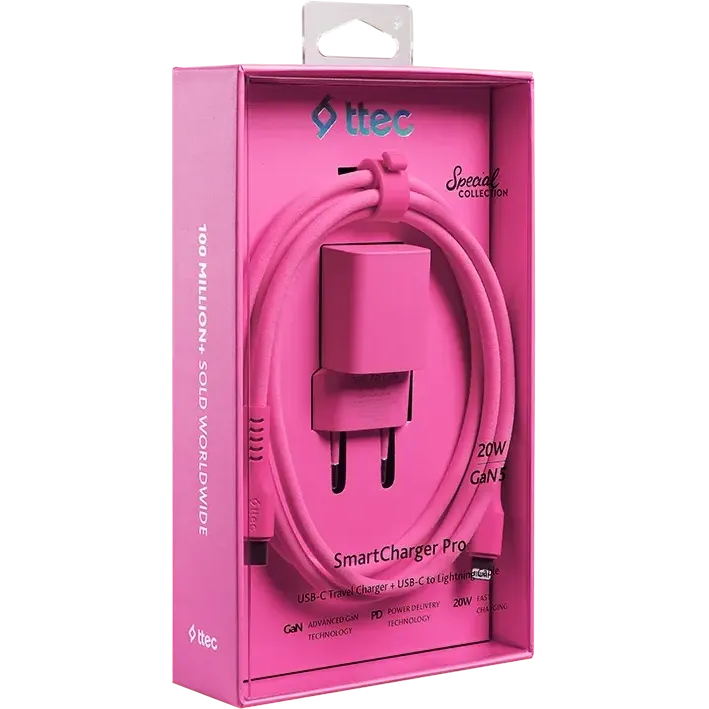 Сетевое зарядное устройство ttec SmartCharger Pro GAN 20W Neon Pink + Lightning Cable - 2SCG20LNP - фото 7