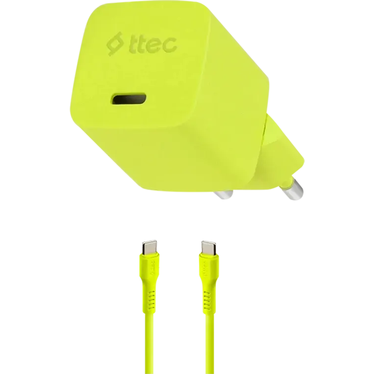 Сетевое зарядное устройство ttec SmartCharger Pro GAN 20W Neon Yellow + USB-C Cable - 2SCG20CNS