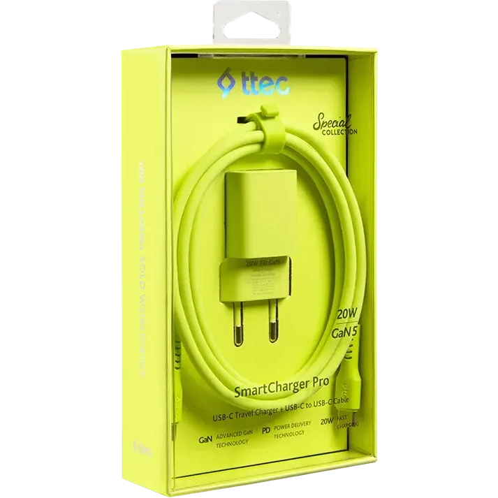 Сетевое зарядное устройство ttec SmartCharger Pro GAN 20W Neon Yellow + USB-C Cable - 2SCG20CNS - фото 7