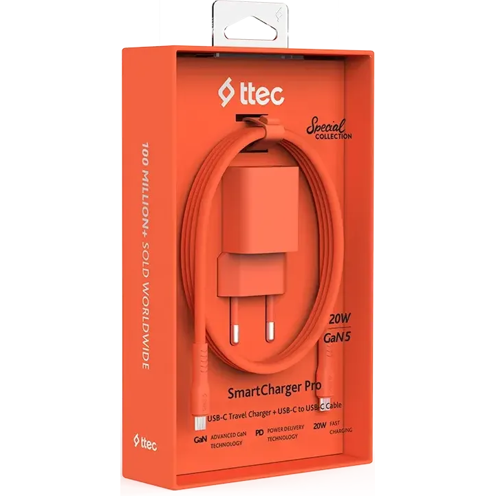Сетевое зарядное устройство ttec SmartCharger Pro GAN 20W Neon Orange + USB-C Cable - 2SCG20CNT - фото 7