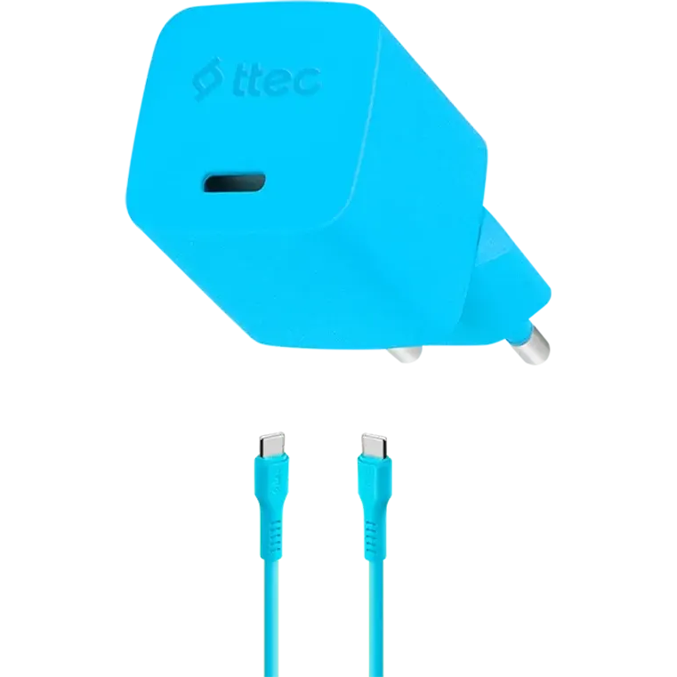 Сетевое зарядное устройство ttec SmartCharger Pro GAN 20W Neon Blue + USB-C Cable - 2SCG20CNM