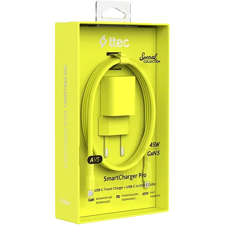 Сетевое зарядное устройство ttec SmartCharger Pro GAN 45W Neon Yellow + USB-C Cable - 2SCG45CNS - фото 6