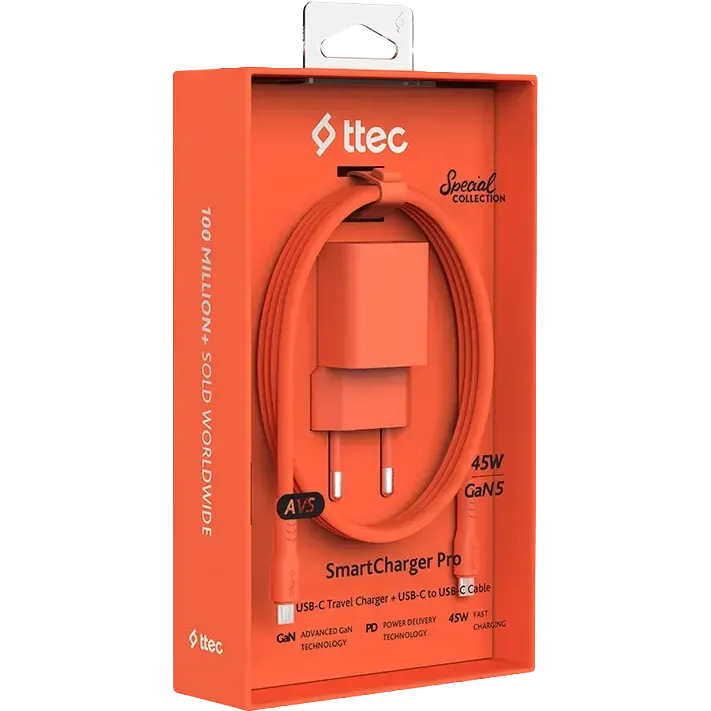 Сетевое зарядное устройство ttec SmartCharger Pro GAN 45W Neon Orange + USB-C Cable - 2SCG45CNT - фото 6