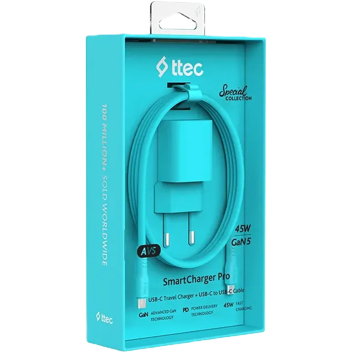 Сетевое зарядное устройство ttec SmartCharger Pro GAN 45W Neon Blue + USB-C Cable - 2SCG45CNM - фото 6