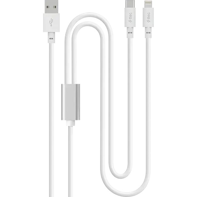 Кабель USB Type-C - USB Type-C/Lightning, 1.2м, ttec 2DK64B White