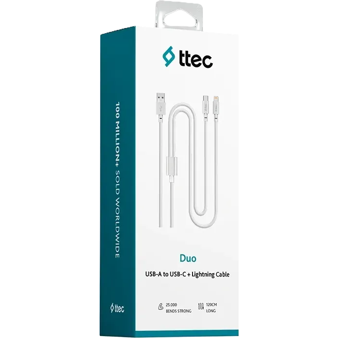 Кабель USB Type-C - USB Type-C/Lightning, 1.2м, ttec 2DK64B White - фото 6