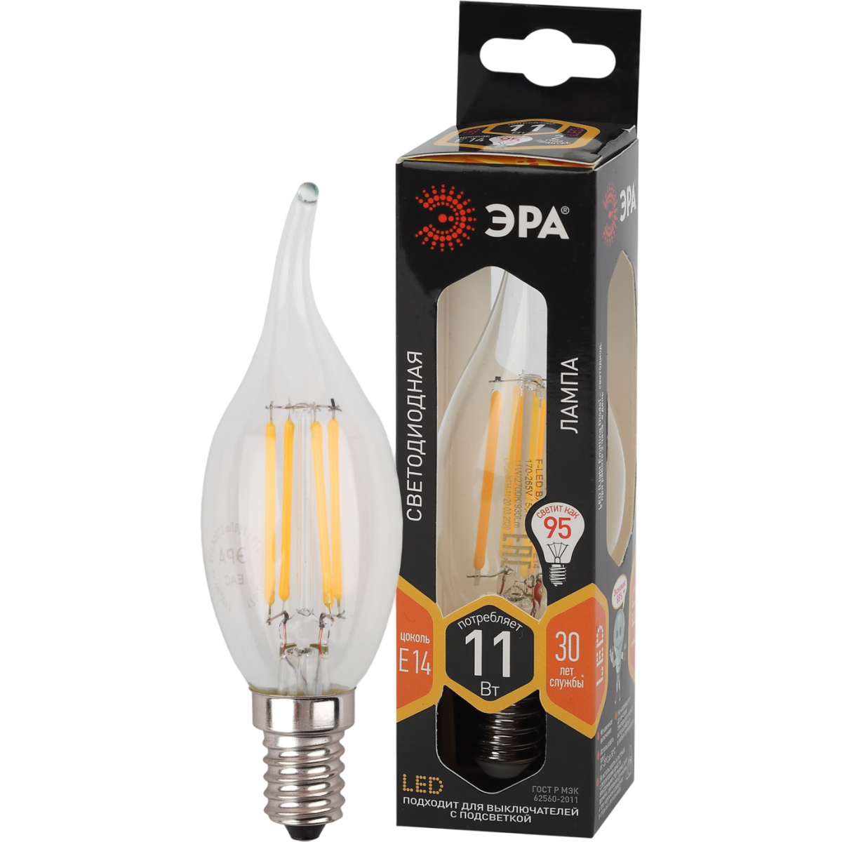 Филаментная лампочка ЭРА F-LED BXS-11W-827-E14 (11 Вт, E14) - Б0047001 - фото 2