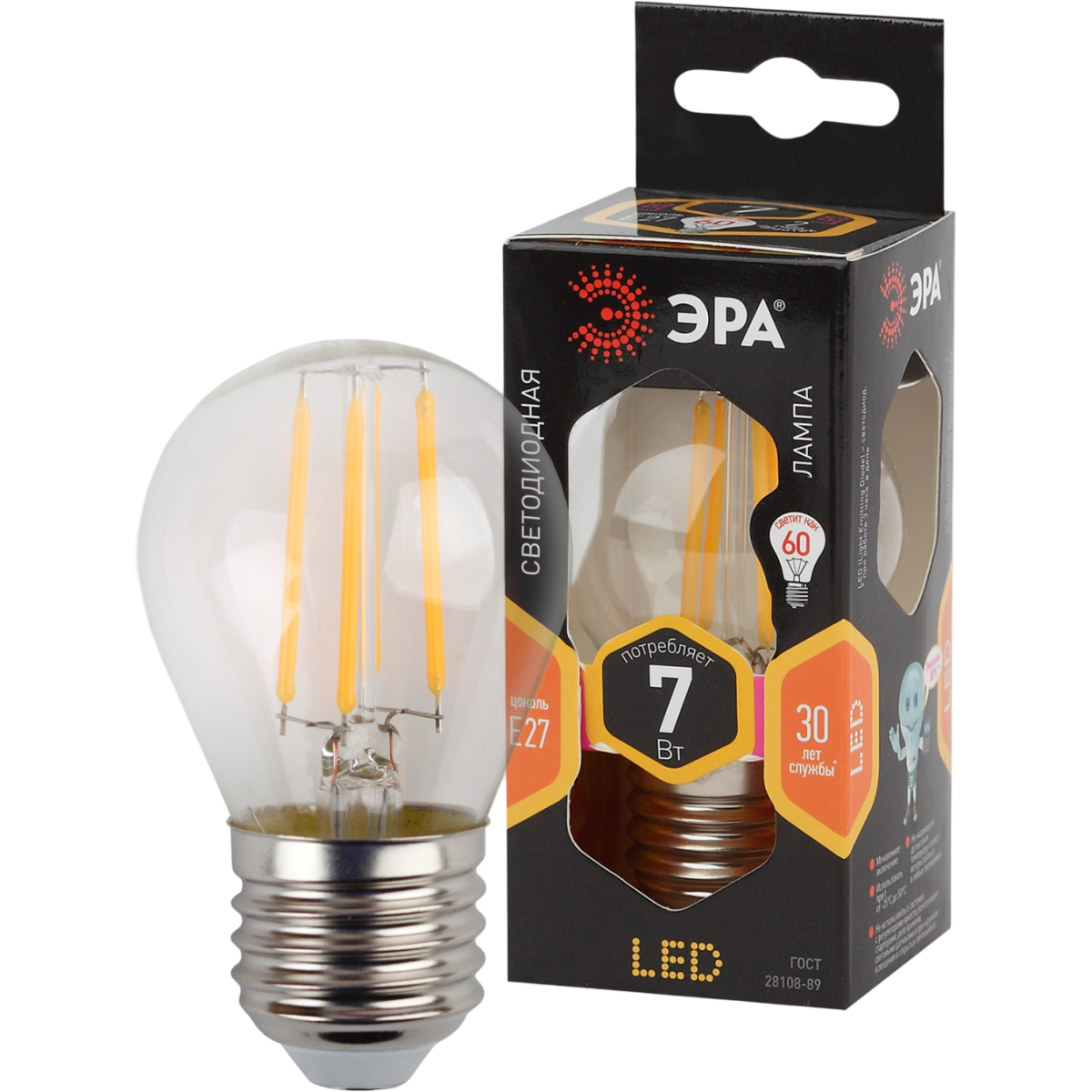 Филаментная лампочка ЭРА F-LED P45-7W-827-E27 (7 Вт, E27) - Б0027948 - фото 2