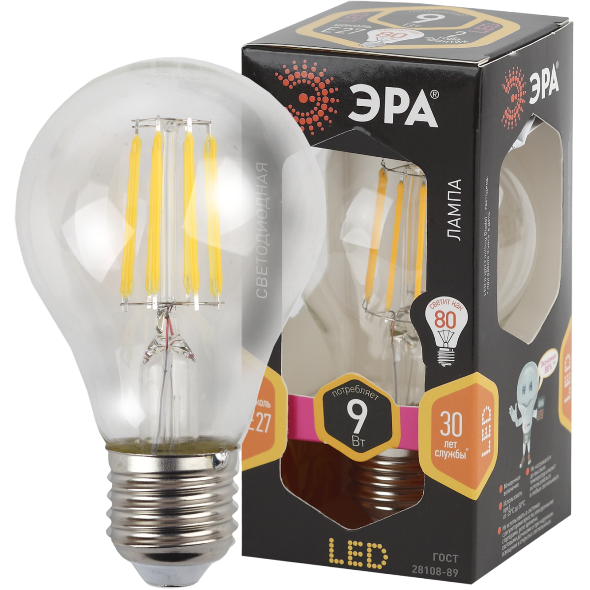 Филаментная лампочка ЭРА F-LED A60-9W-827-E27 (9 Вт, E27) - Б0043433 - фото 2