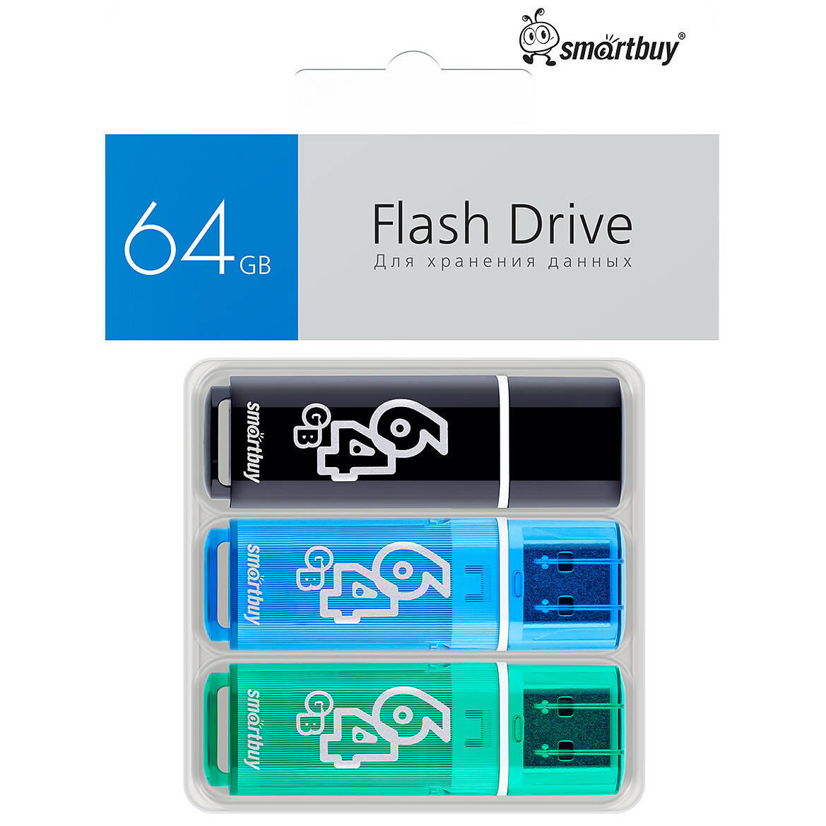 USB Flash накопитель 64GB SmartBuy Glossy Black/Blue/Green (3 шт.) (SB064GB2GSKBGSET) - фото 5