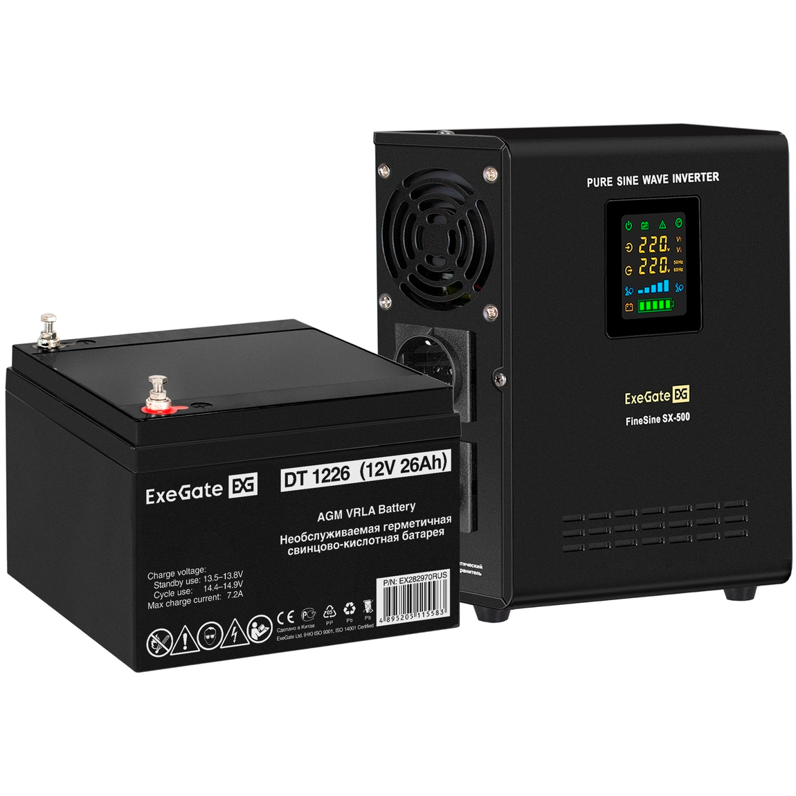ИБП ExeGate FineSine SX-500.LCD.AVR.2SH + DT 1226 (26Ач) - EX296493RUS
