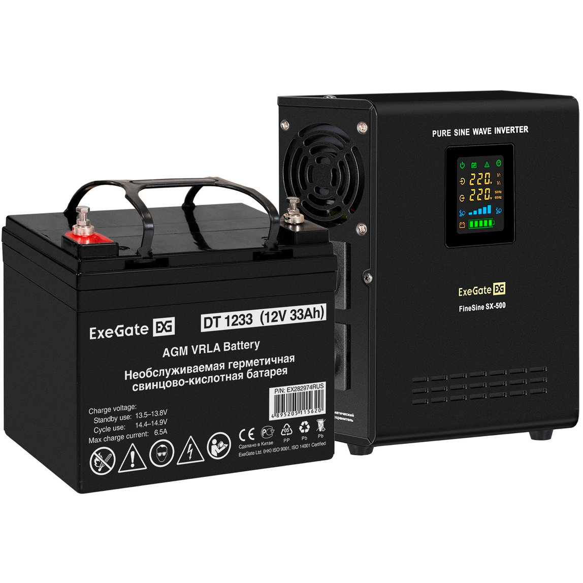 ИБП ExeGate FineSine SX-500.LCD.AVR.2SH + DT 1233 (33Ач) - EX296495RUS