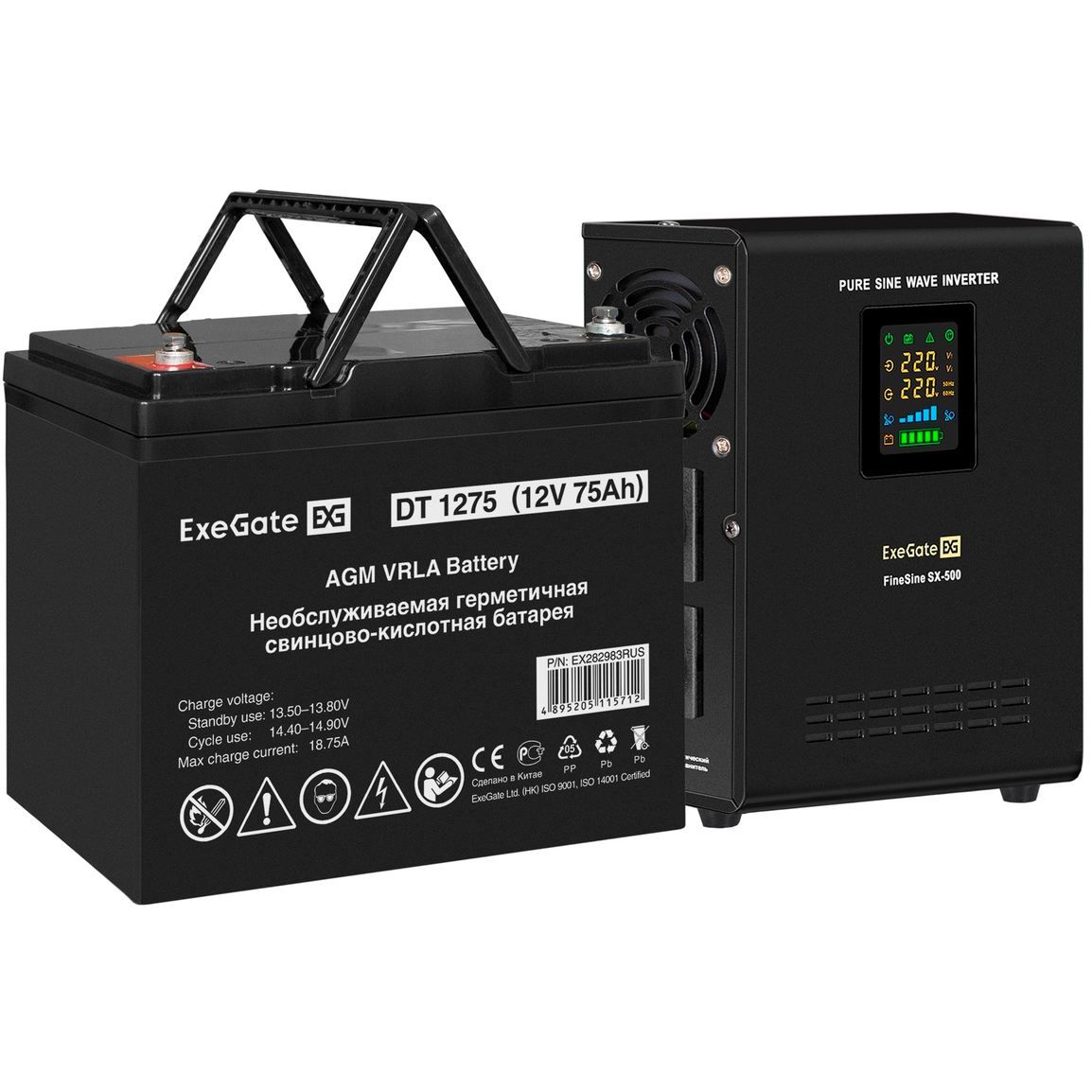 ИБП ExeGate FineSine SX-500.LCD.AVR.2SH + DT 1275 (75Ач) - EX296504RUS