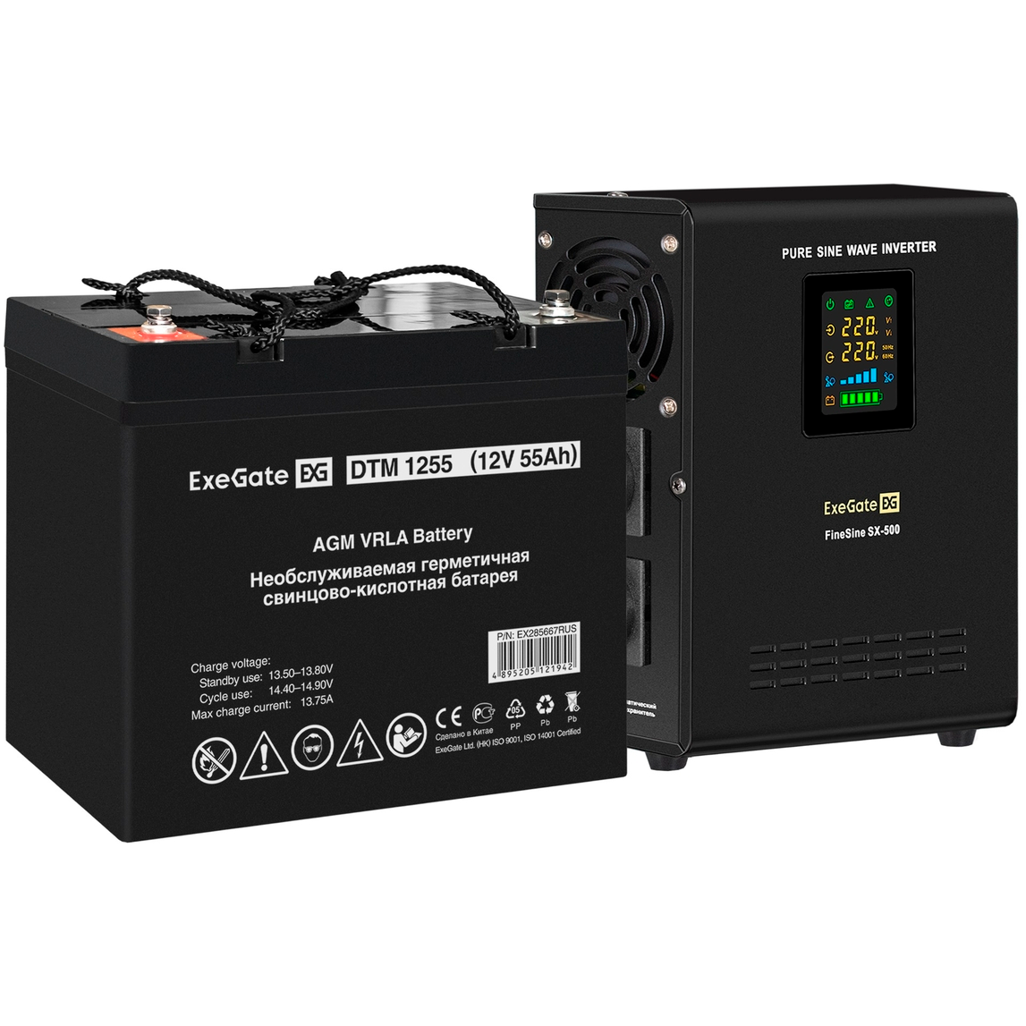 ИБП ExeGate FineSine SX-500.LCD.AVR.2SH + DTM 1255 (55Ач) - EX296500RUS
