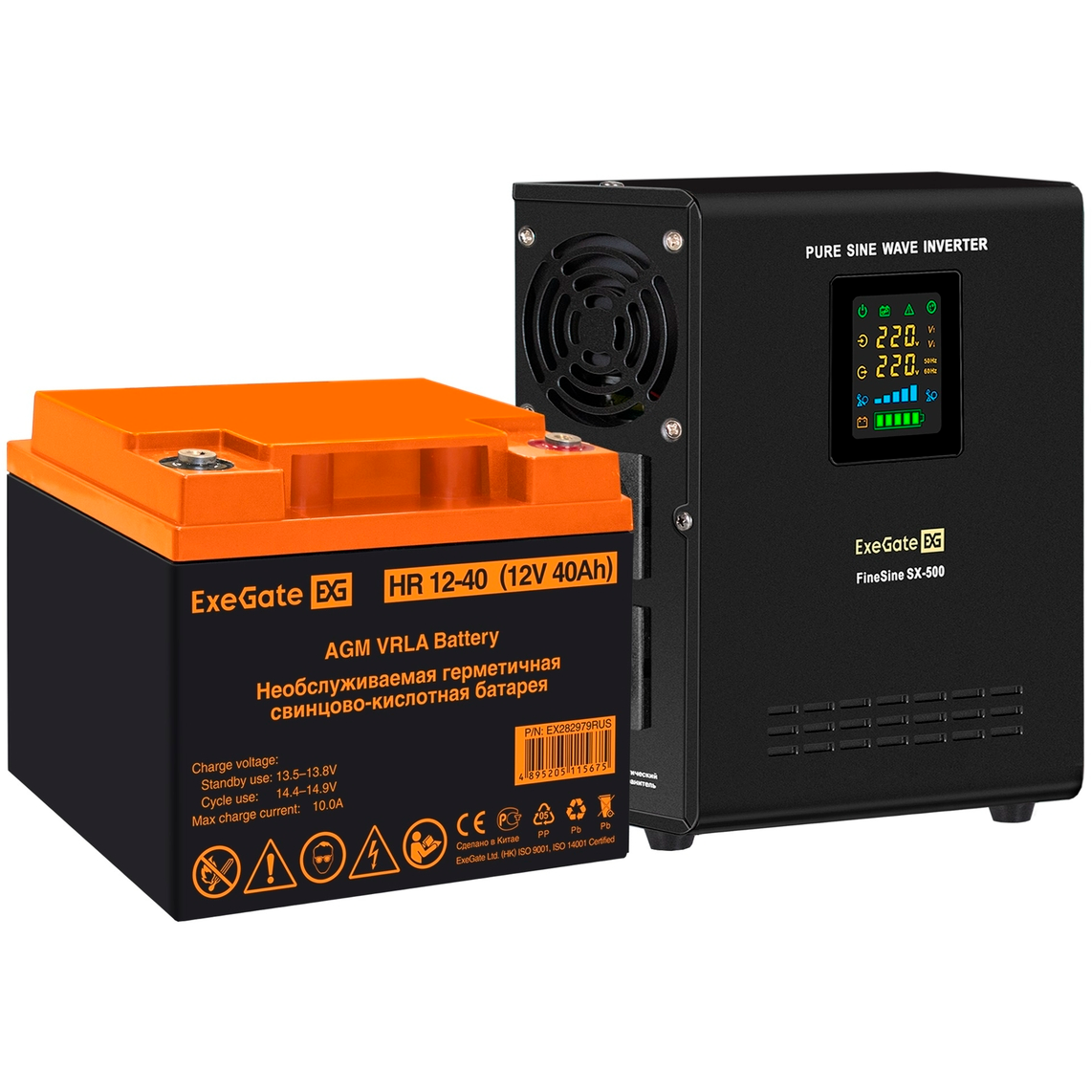 ИБП ExeGate FineSine SX-500.LCD.AVR.2SH + HR 12-40 (40Ач) - EX296498RUS