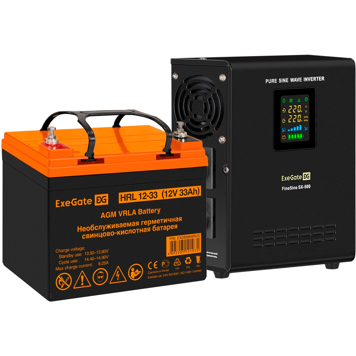 ИБП ExeGate FineSine SX-500.LCD.AVR.2SH + HRL 12-33 (33Ач) - EX296496RUS
