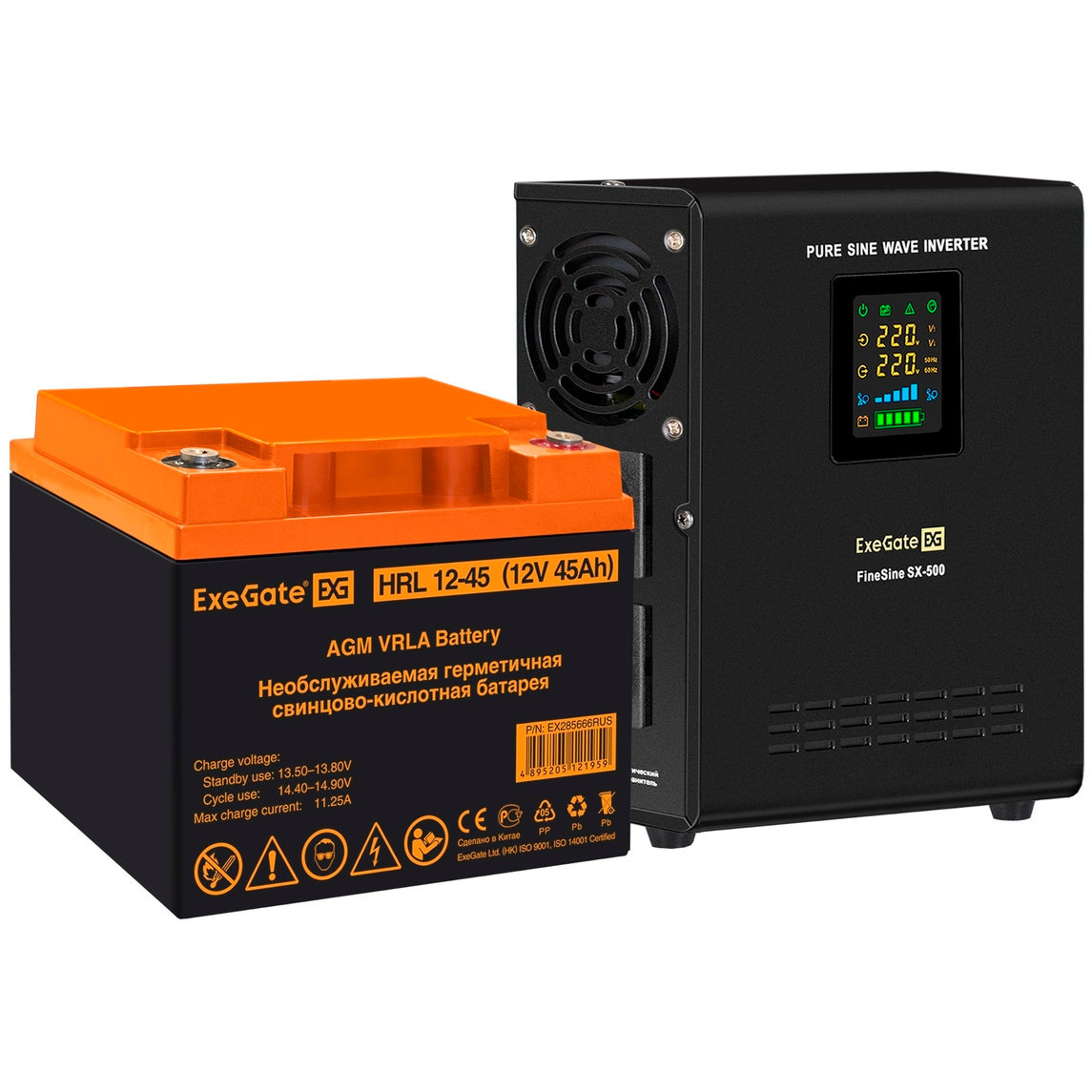 ИБП ExeGate FineSine SX-500.LCD.AVR.2SH + HRL 12-45 (45Ач) - EX296499RUS
