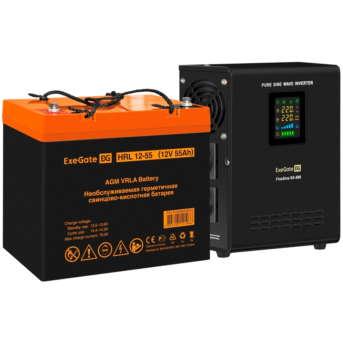 ИБП ExeGate FineSine SX-500.LCD.AVR.2SH + HRL 12-55 (55Ач) - EX296501RUS