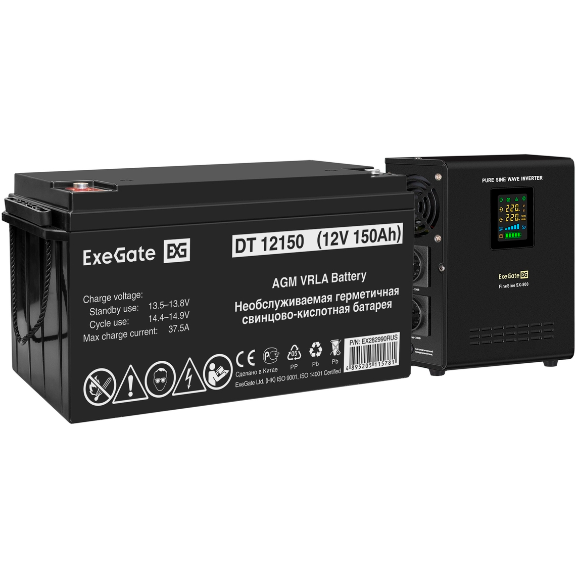 ИБП ExeGate FineSine SX-800.LCD.AVR.2SH + DT 12150 (150Ач) - EX296536RUS