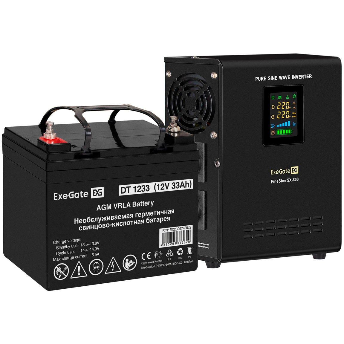 ИБП ExeGate FineSine SX-800.LCD.AVR.2SH + DT 1233 (33Ач) - EX296518RUS