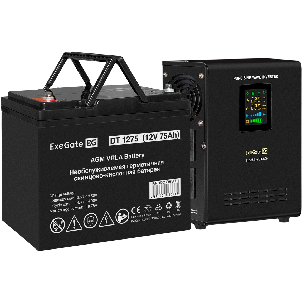 ИБП ExeGate FineSine SX-800.LCD.AVR.2SH + DT 1275 (75Ач) - EX296527RUS