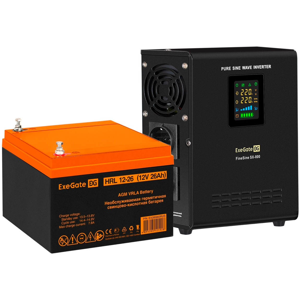 ИБП ExeGate FineSine SX-800.LCD.AVR.2SH + HRL 12-26 (26Ач) - EX296517RUS