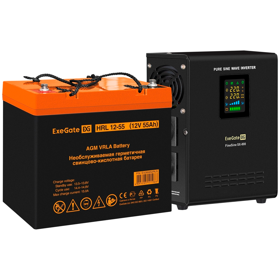 ИБП ExeGate FineSine SX-800.LCD.AVR.2SH + HRL 12-55 (55Ач) - EX296524RUS