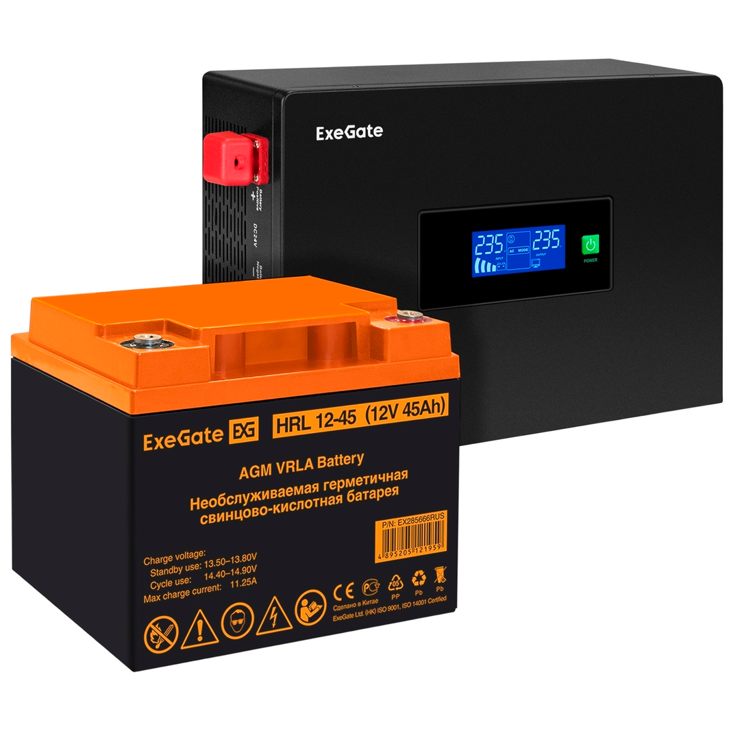 ИБП ExeGate IdealSine SR-600.LCD.2SH + HRL 12-45 (45Ач) - EX297386RUS