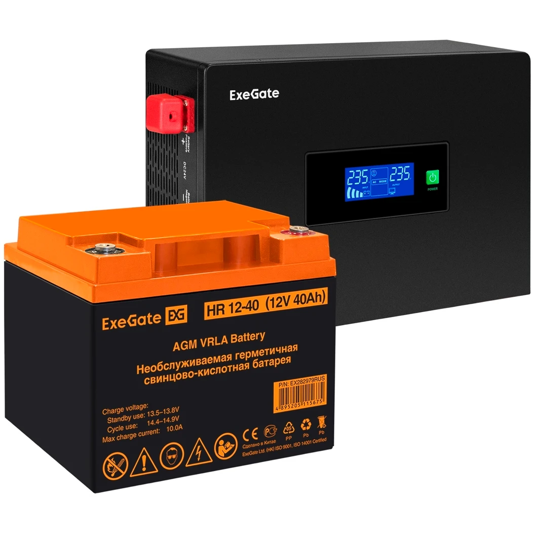 ИБП ExeGate IdealSine SR-600.LCD.2SH + HR 12-40 (40Ач) - EX297385RUS