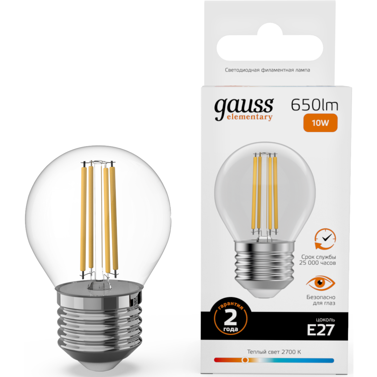 Филаментная лампочка Gauss Filament Elementary 2700K (10 Вт, E27) - 52210 - фото 2