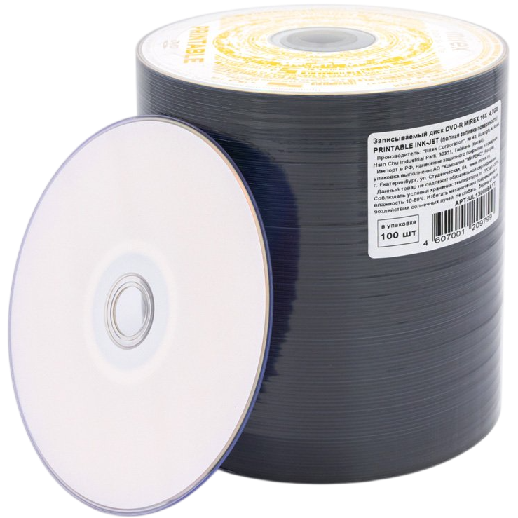 Диск DVD-R Mirex 4.7GB 16x Shrink Printable Full (100 шт.) (UL130088A1T)