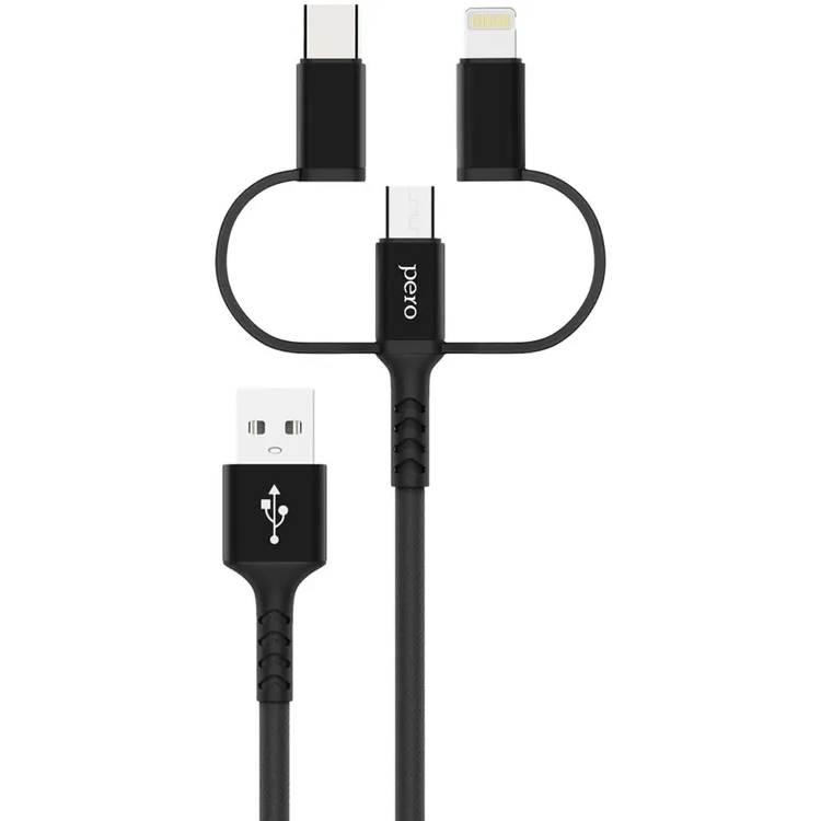 Кабель USB - microUSB/USB Type-C/Lightning, 1м, PERO DC06 Black - PRDC-06U1MB