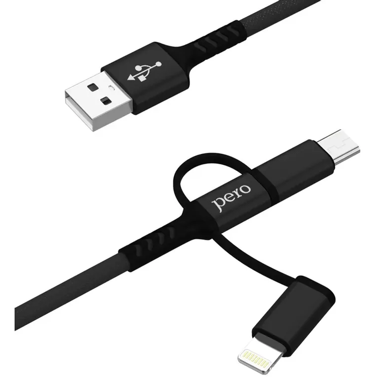 Кабель USB - microUSB/USB Type-C/Lightning, 1м, PERO DC06 Black - PRDC-06U1MB - фото 3