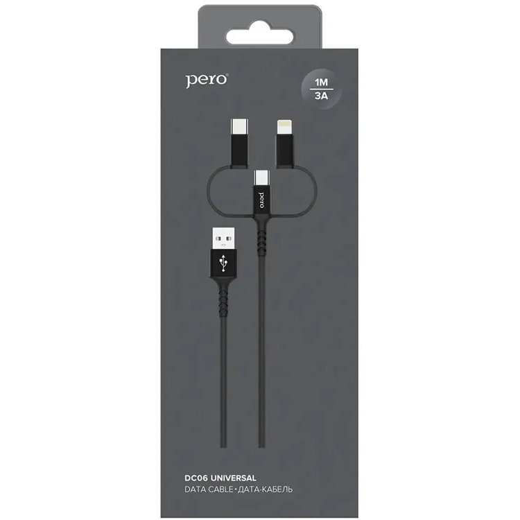 Кабель USB - microUSB/USB Type-C/Lightning, 1м, PERO DC06 Black - PRDC-06U1MB - фото 4