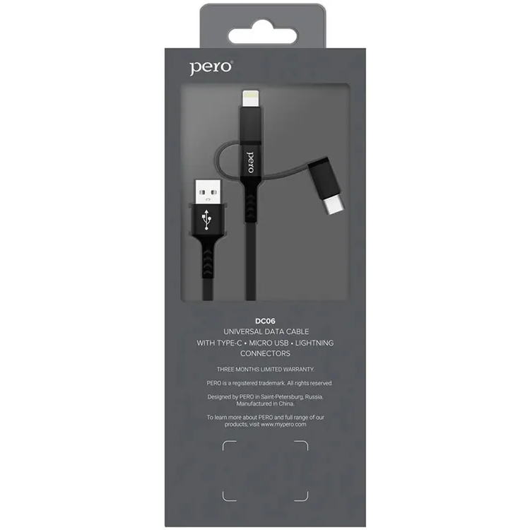 Кабель USB - microUSB/USB Type-C/Lightning, 1м, PERO DC06 Black - PRDC-06U1MB - фото 6