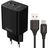 Сетевое зарядное устройство PERO TC02 Black + Type-C Cable (ТС02BL2AT)