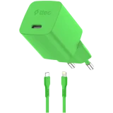 Сетевое зарядное устройство ttec SmartCharger Pro GAN 20W Neon Green + Lightning Cable (2SCG20LNY)