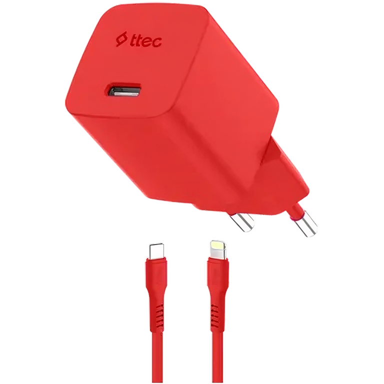 Сетевое зарядное устройство ttec SmartCharger Pro GAN 20W Neon Red + Lightning Cable - 2SCG20LNK