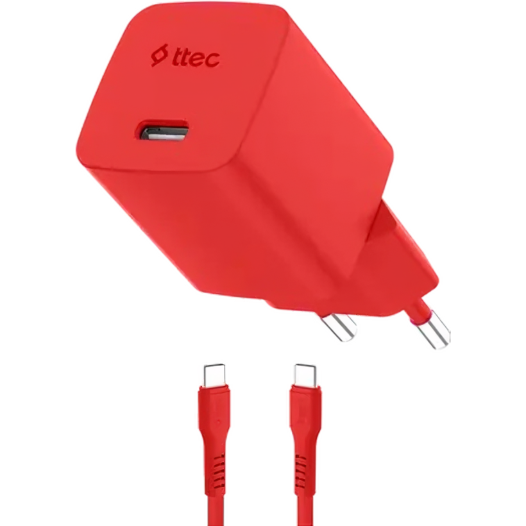 Сетевое зарядное устройство ttec SmartCharger Pro GAN 20W Neon Red + USB-C Cable - 2SCG20CNK
