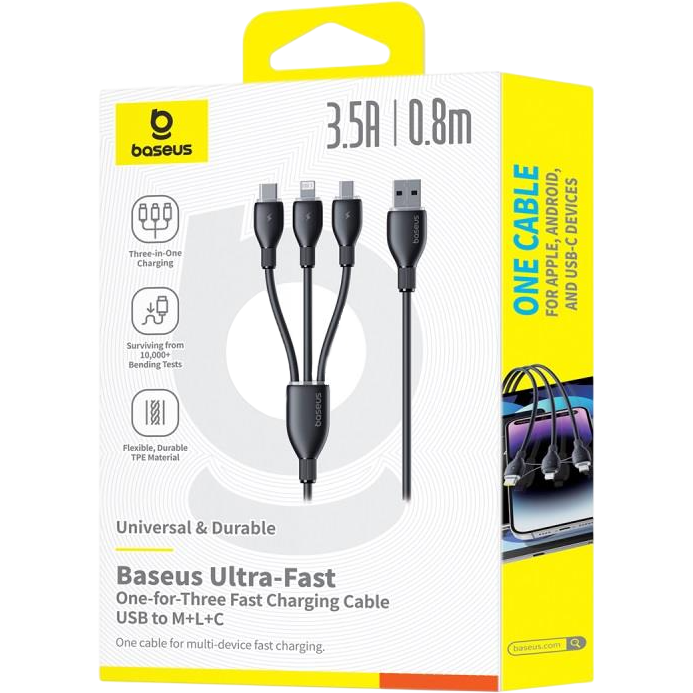 Кабель USB - microUSB/USB Type-C/Lightning, 0.8м, Baseus P10376303121-01 - фото 5