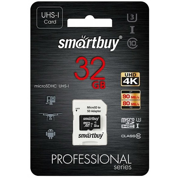 Карта памяти 32GB MicroSD SmartBuy Professional + SD адаптер (SB32GBSDCL10U3-01)