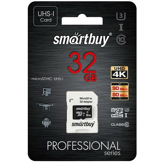 Карта памяти 32Gb MicroSD SmartBuy Professional + SD адаптер (SB32GBSDCL10U3-01)