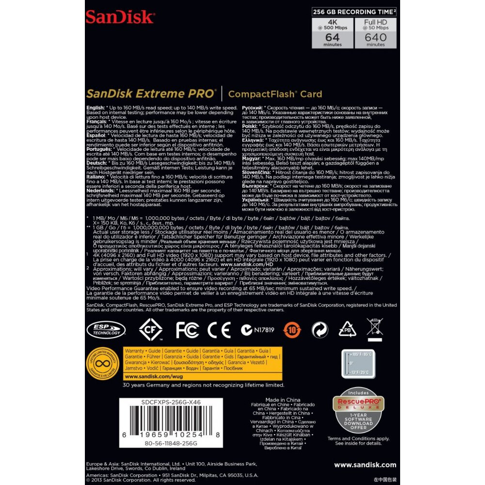 Карта памяти 256Gb Compact Flash SanDisk Extreme Pro (SDCFXPS-256G-X46) - фото 2