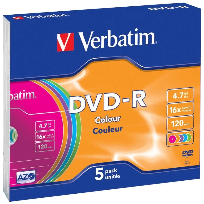 Диск DVD-R Verbatim 4.7Gb 16x Slim Color (5 шт.) (43557)
